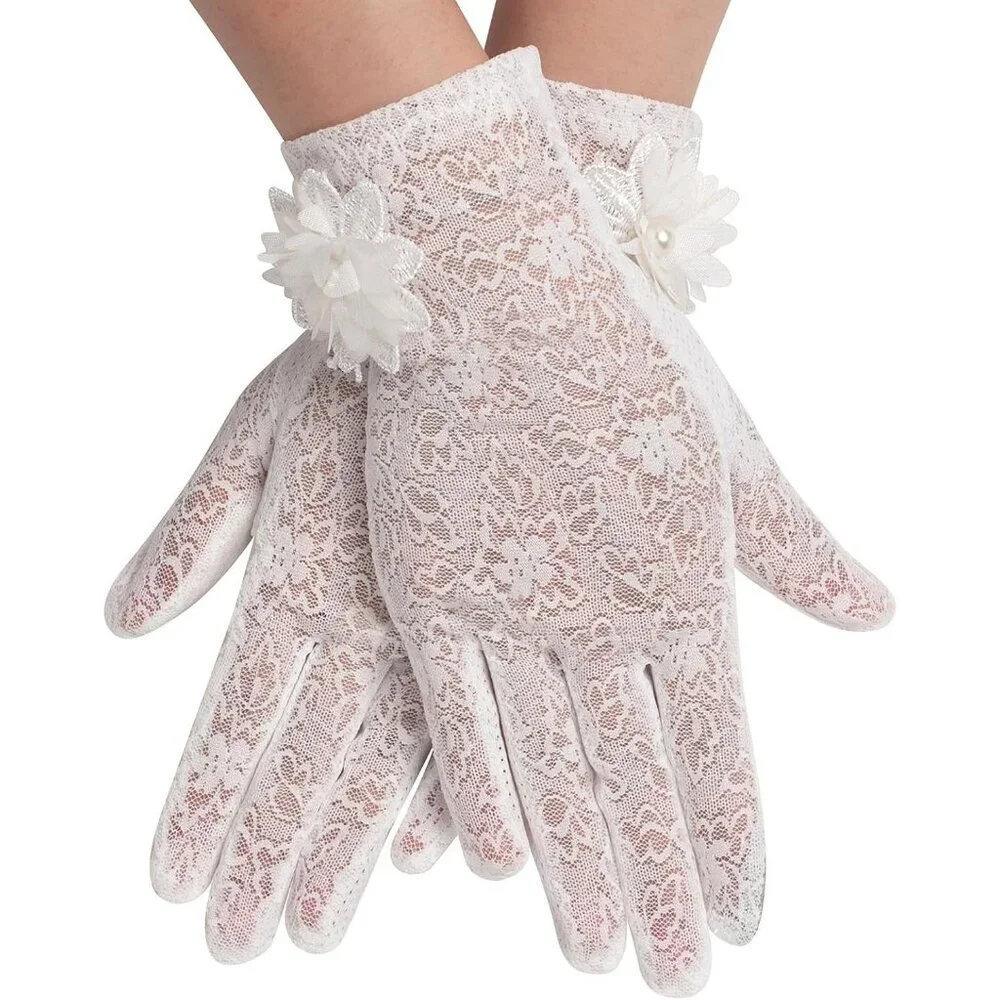 Women's Floral White Short Lace Gloves Wedding Halloween Cosplay Party Prom